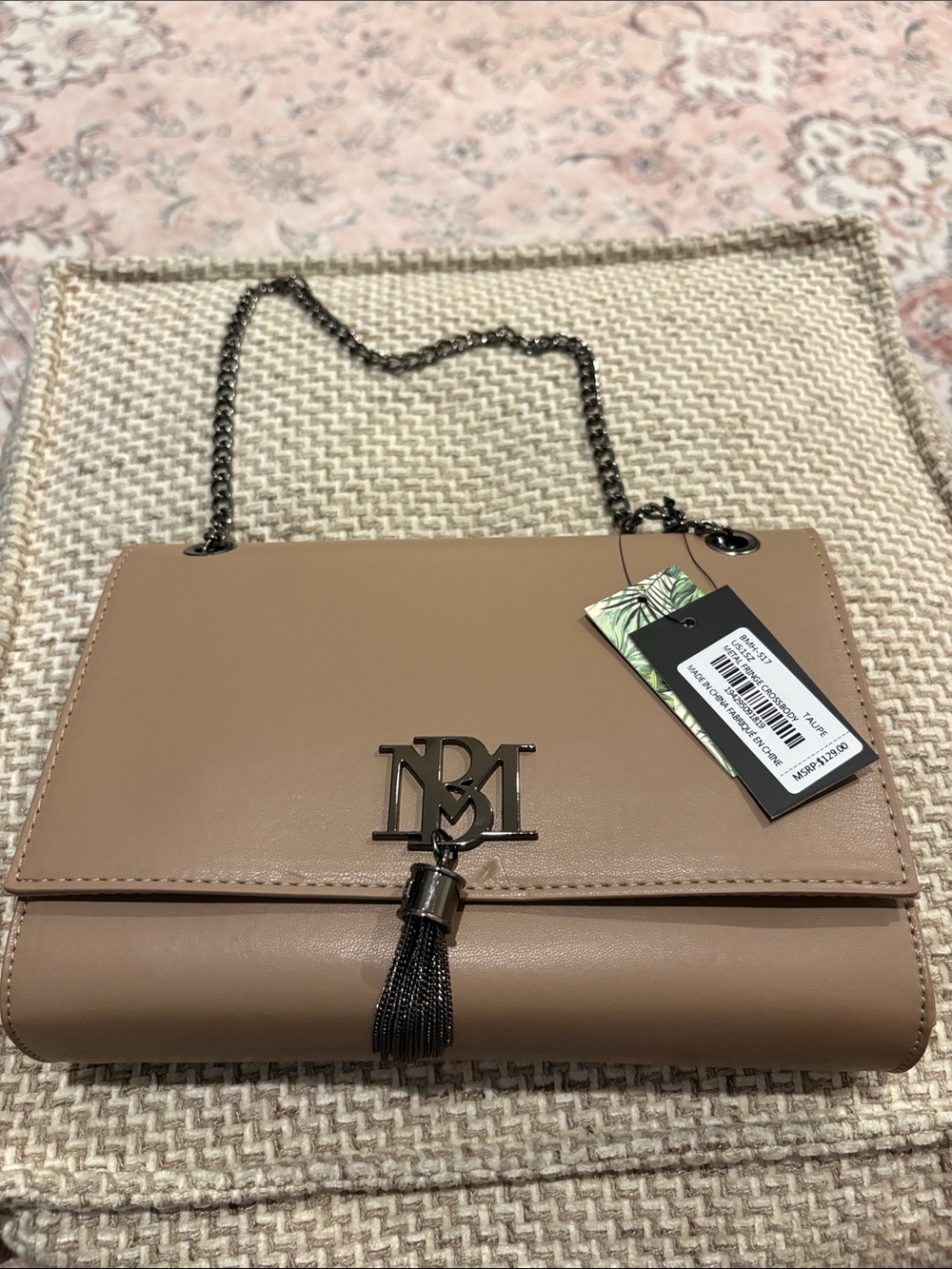 Taupe Leather Chain Shoulder Bag with Tassel